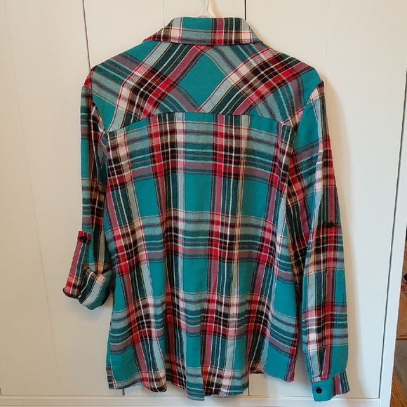 Plaid Button Down Shirt - Teal and Red - Picture 4 of 7